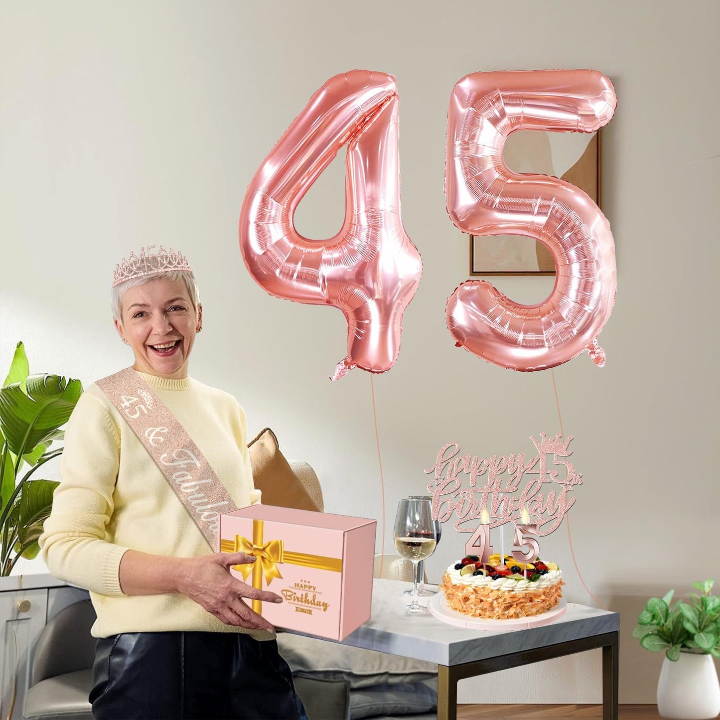 65th Birthday Decorations for Women, Including 65th Birthday Sash and Crown, Cake Topper and Candles, Number Balloons Rose Gold, 65 Year Old Gifts for Women