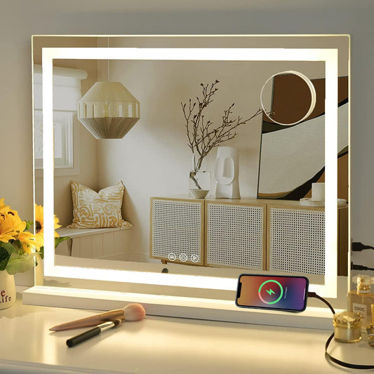Sucedey Vanity Mirror with Lights, 23" x 18" Makeup Mirror, Hollywood Mirror with 3 Color Modes & Adjustable Brightness, Detachable 10x Zoom Mirror and USB Charging Design (White) - PuriLite