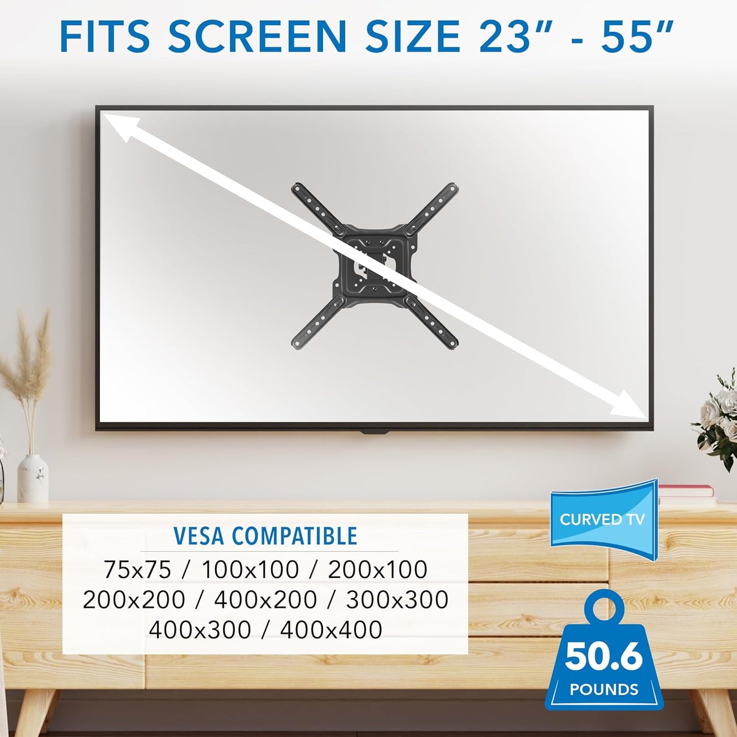 Mount-It! Height Adjustable TV Wall Mount - Full Motion, Pull Down and Vertical Adjustment, Fits 23-55 Inch Screens, Max VESA 400x400mm, Swivel and Tilt Capabilities, 50.6 Lbs Capacity