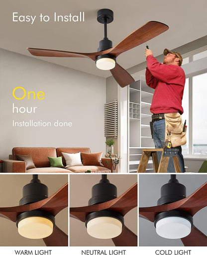 Chriari Ceiling Fans with Lights, 3 Wood Fan Blades, 52" Black Classical Style Fan with Remote Control, Noiseless Reversible DC Motor for Bedroom/Living Room/Study/Porch