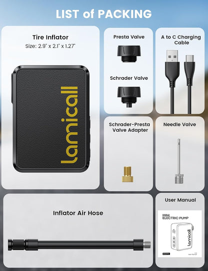 Ultra Mini Bike Pump Tire Inflator - Lamicall [5oz Ultra-Light][ 120 PSI] Portable Pump, 24 L/Min Inflation Speed, Auto Stop Tire Inflator with Guage for All Road Bike, Mountain Bike, E-Bike, Scooter