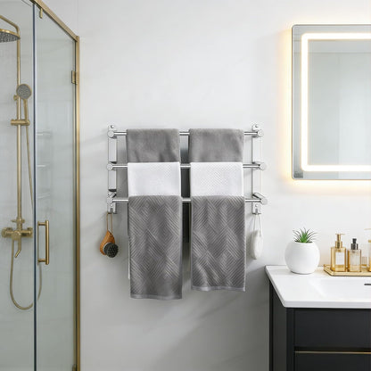 SUS304 Three Bar Adjustable Towel Rack, Expandable Range:16.5 in to 29.9 in, Bathroom Towel Holder with Double Hooks,Two Installation Methods:Drillinstallation and No-Drill Installation.(Silvery)