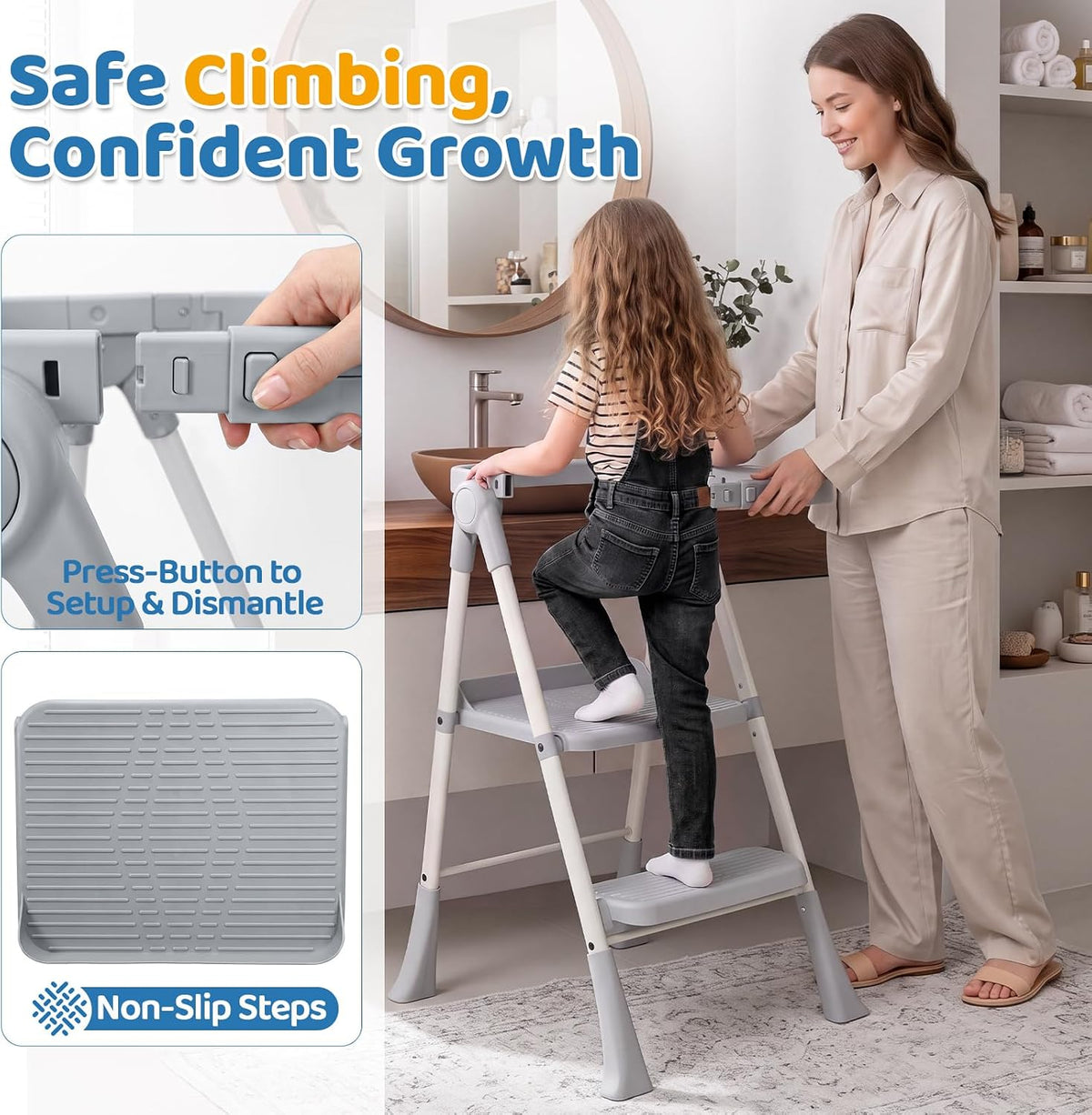 Orzbow Toddler Tower, Foldable Step Stool Kitchen Helper, Safety Rail & Net