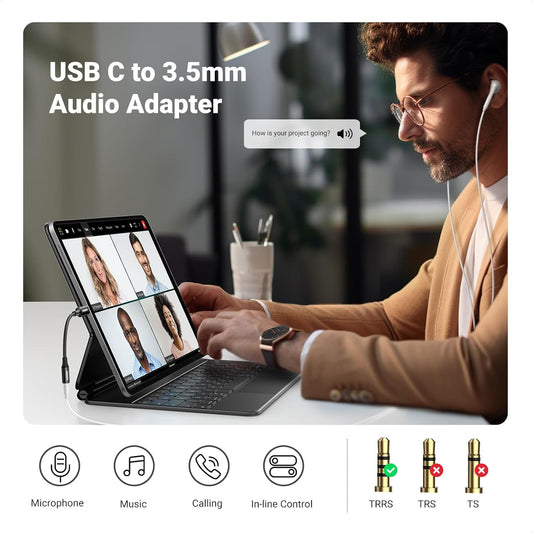 UGREEN USB C to 3.5mm Audio Adapter Type C to Headphone Aux Jack Dongle 24bit/96kHz HiFi DAC Cable Cord Compatible with iPhone 16 15 Pro Max/16 Plus, iPad, Galaxy S25 S24 Ultra, Pixel 9, Black - PuriLite