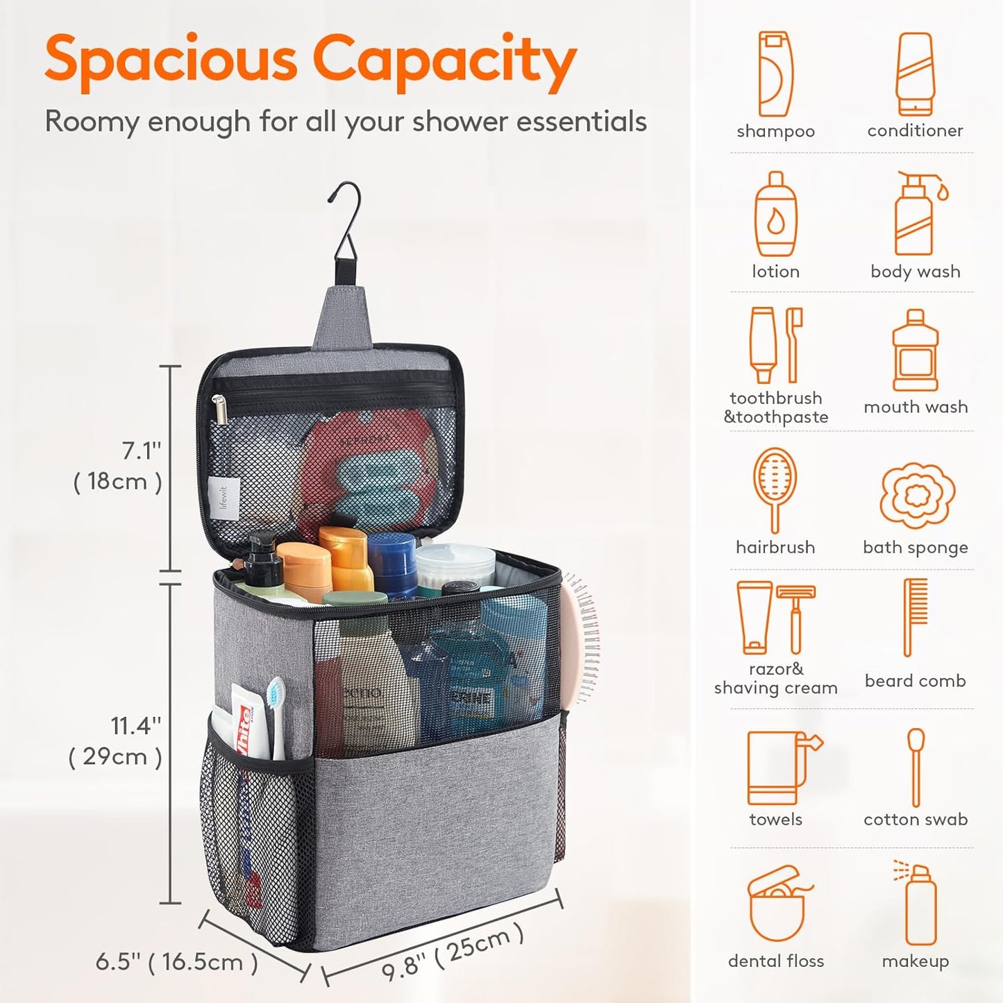 Lifewit Shower Bag Mesh Shower Caddy Portable College Dorm Room Essentials Tote Bag for Bathroom, Gym, Travel, Camping Quick Dry Hanging Shower Organizer Basket Toiletry Bag, Medium, Black