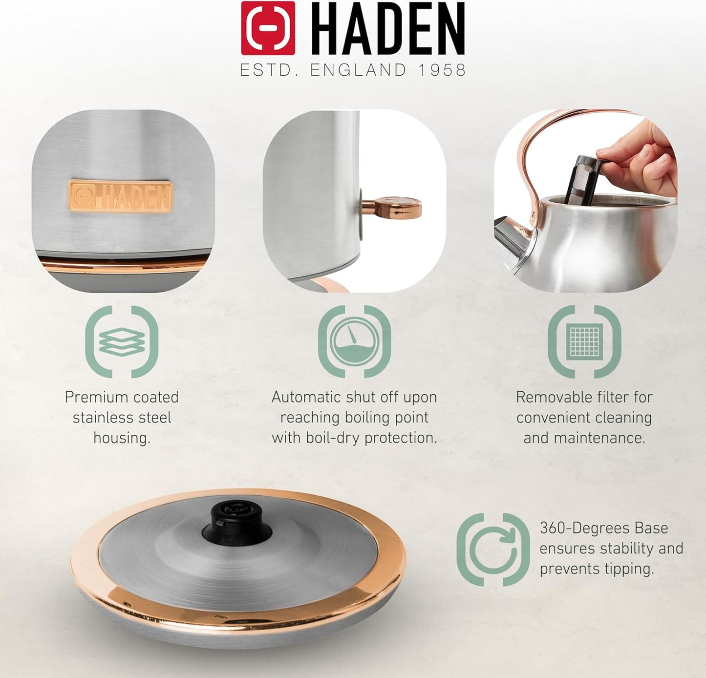 Haden 75041 Heritage 1.7 Liter (7 Cup) Stainless Steel Electric Kettle with Auto Shut-Off and Boil Dry Protection, Black/Copper