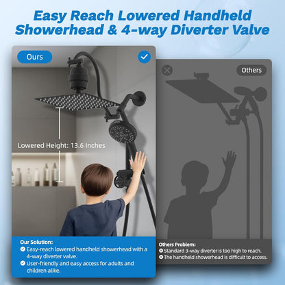 Hibbent Upgraded All Metal 10"Rainfall Showerhead Combo, High Pressure Shower Head with 10-Spray Mode Handheld, Innovative 4-way Diverter with Pause Mode, 71'' Shower Hose and Handheld Holder, Chrome
