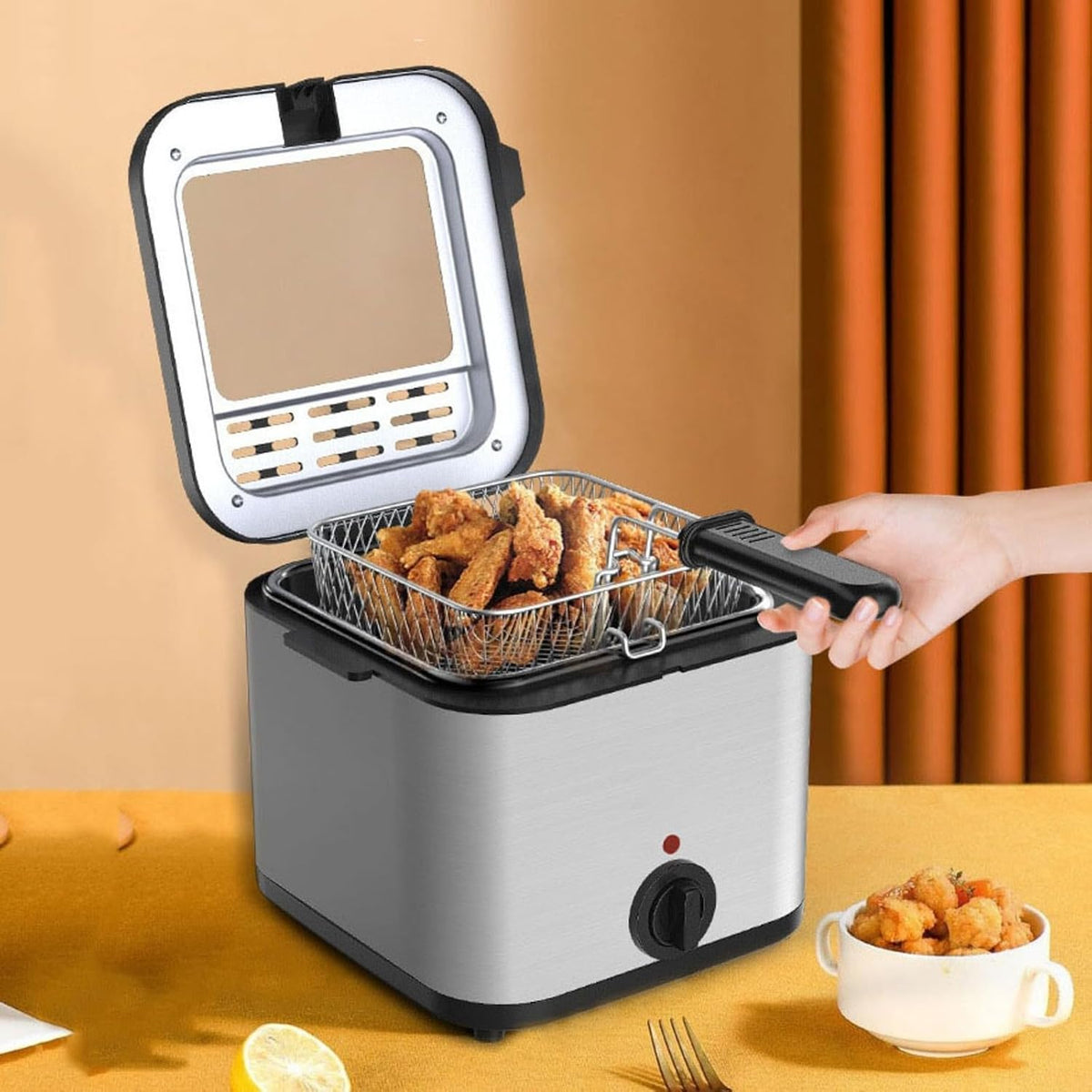 Countertop Electric Deep Fryer 1000W Kitchen Appliance Mechanical Controls for Small Kitchens