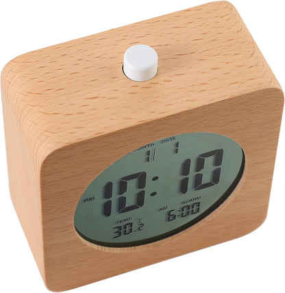 Plumeet Wooden Digital Alarm Clock for Bedrooms, Wood 4'' Battery Powered Alarm Clock with Snooze and Nightlight, Electronic LCD Desk Clock Display Time, Date, Temp, 12/24H, Wood Décor (Sapele, 3.2'')