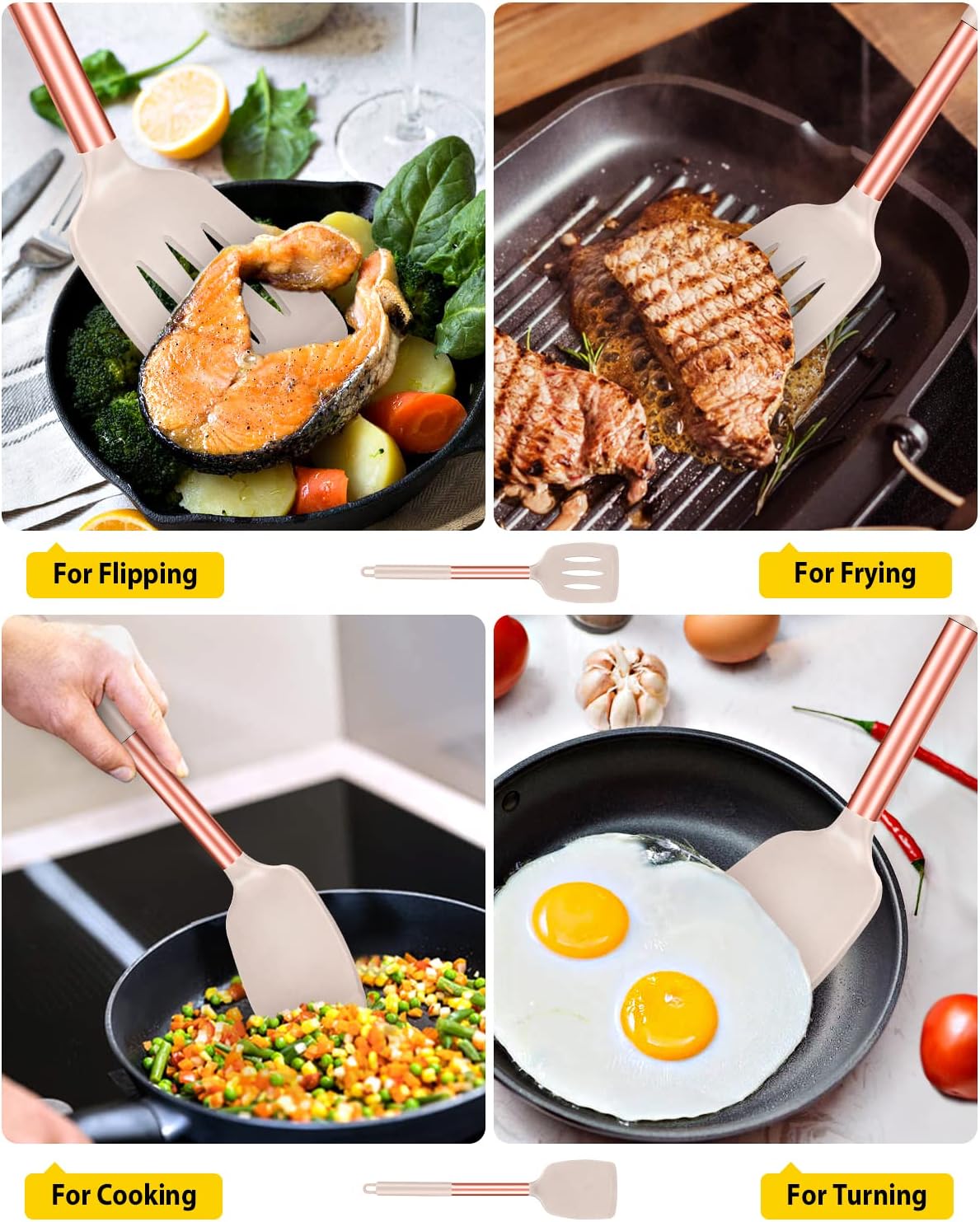 Pack of 2 Silicone Slotted Spatula,Non Stick Solid Kitchen Turner, High Heat Resistant BPA Free Cooking Utensils for Fish, Eggs, Pancakes（Black