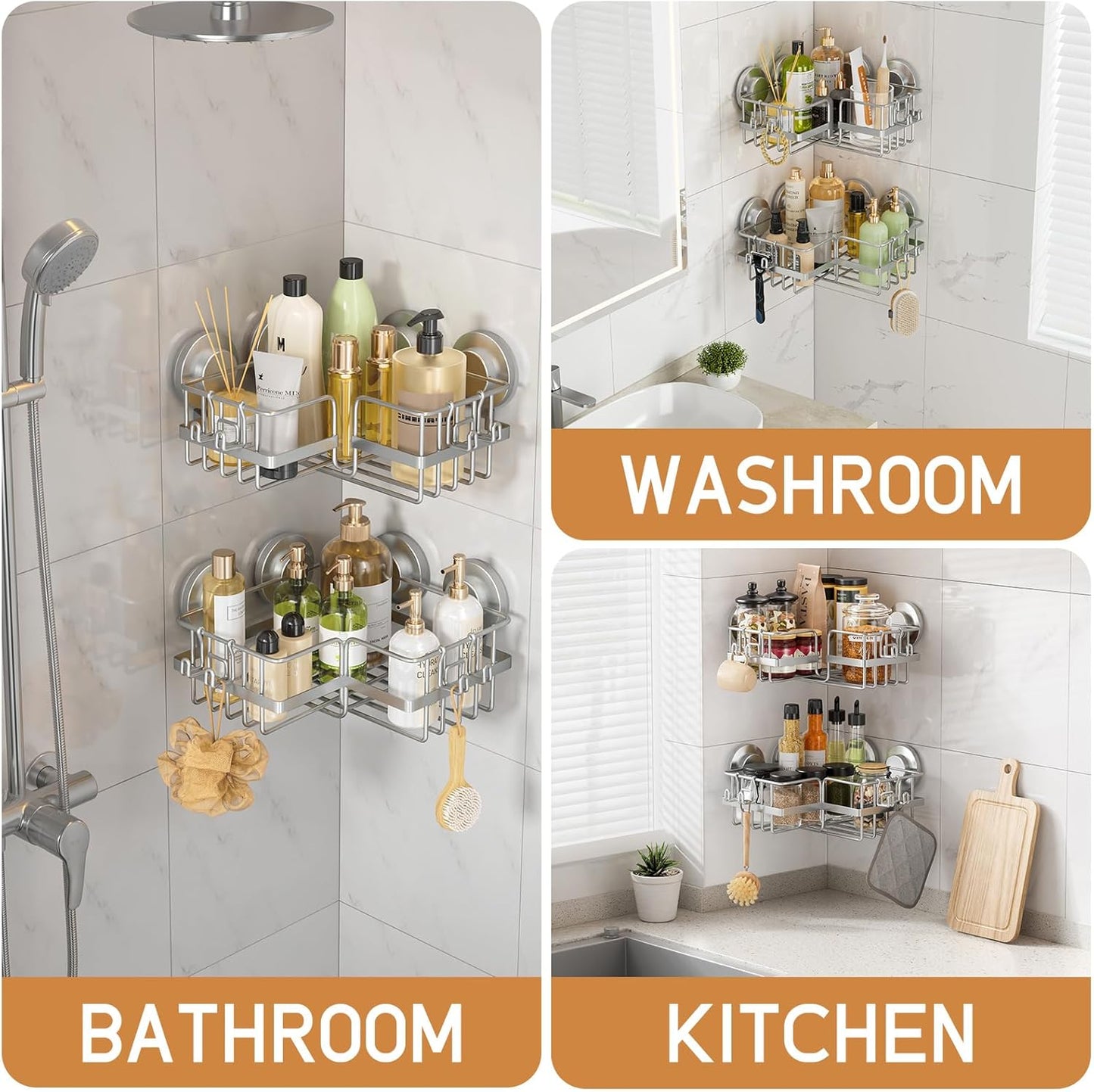 LEVERLOC Shower Caddy Suction Cup, 2 Pack Black Shower Shelf with Hooks and Soap Holder, NO-Drilling Bathroom Organizer, Rustproof Metal Bathroom Storage and Organization