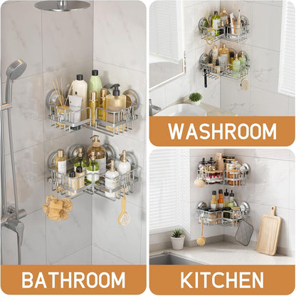 LEVERLOC Shower Caddy Suction Cup, 2 Pack Black Shower Shelf with Hooks and Soap Holder, NO-Drilling Bathroom Organizer, Rustproof Metal Bathroom Storage and Organization
