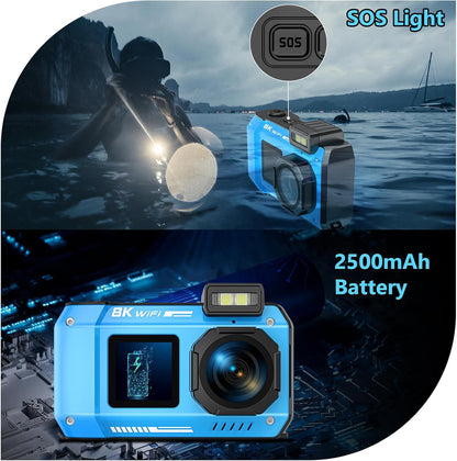 UHD 8K Underwater Camera, 70MP 33FT WiFi Waterproof Digital Camera with 64GB Card, Auto Focus Waterproof Dual-Screen Selfie 2500mAh Battery, 18X Floatable Digital for Snorkeling