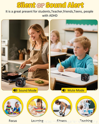 Digital Pomodoro Timer Cube 5/10/25/50min Preset, Silent & Sound Alarm | Visual Productivity Flip Timer for Kids Classroom Desk, Custom Countdown, Gravity Sensor, for ADHD Study Work Game Kitchen