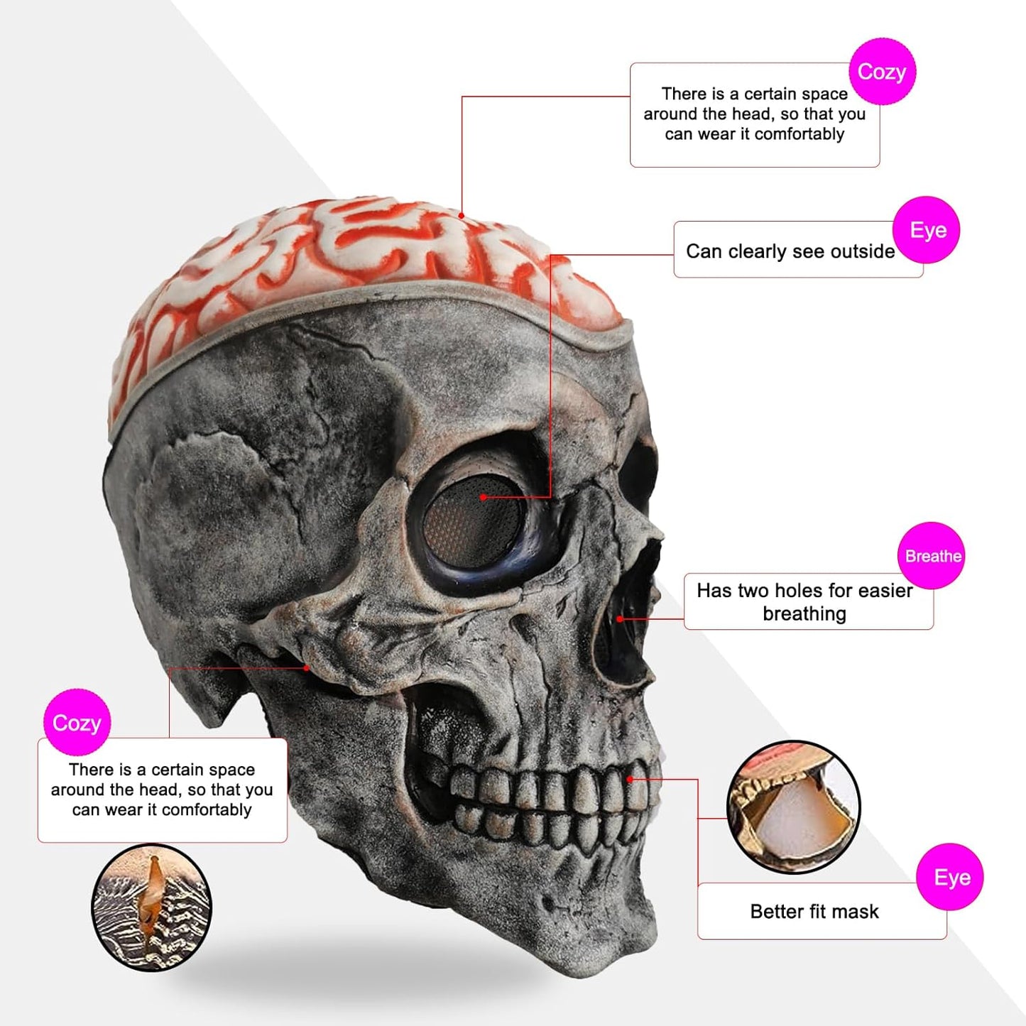 Halloween Skull Mask, Full Head Skeleton Headgea with Movable Mouth, Latex Skeleton Props, Deluxe Latex Helmet Cosplay Party