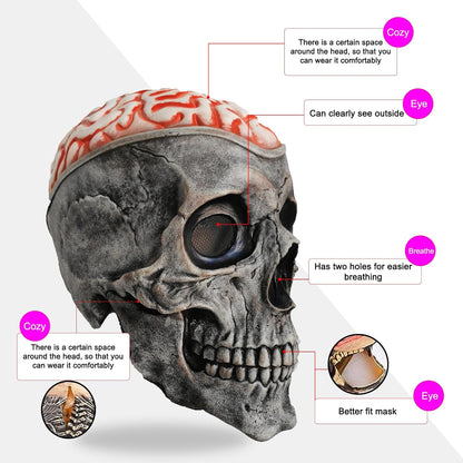 Halloween Skull Mask, Full Head Skeleton Headgea with Movable Mouth, Latex Skeleton Props, Deluxe Latex Helmet Cosplay Party