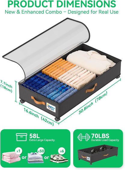 Under Bed Storage Bins | Foldable Clothes Organizer | Shoe Storage Container | Bedroom Furniture Storage | Rolling Under Bed Storage - PuriLite