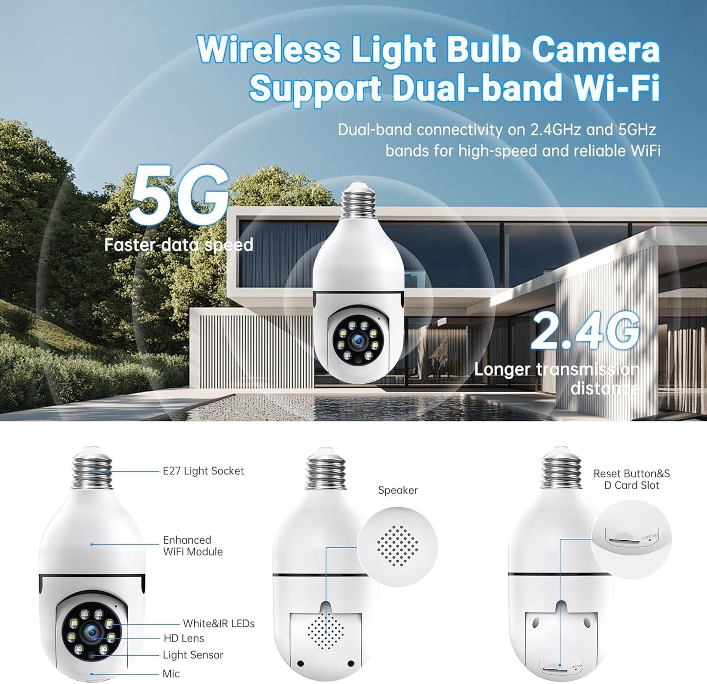 Light Bulb Security Camera Wireless Outdoor, 5G & 2.4GHz 2K 360 Degree Outdoor Camera Wireless Motion Detection and Alarm,Two-Way Talk,Color Night Vision, Bulb Camera Surveillance Exterieur, 2Pack