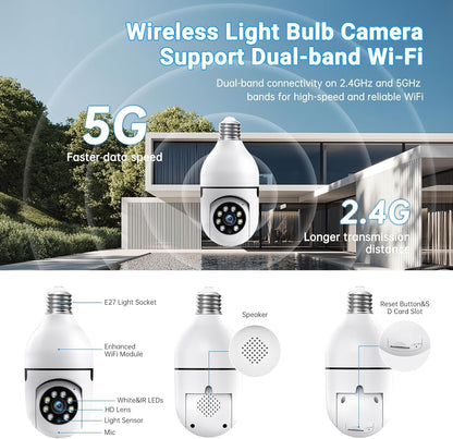 Light Bulb Security Camera Wireless Outdoor, 5G & 2.4GHz 2K 360 Degree Outdoor Camera Wireless Motion Detection and Alarm,Two-Way Talk,Color Night Vision, Bulb Camera Surveillance Exterieur, 2Pack