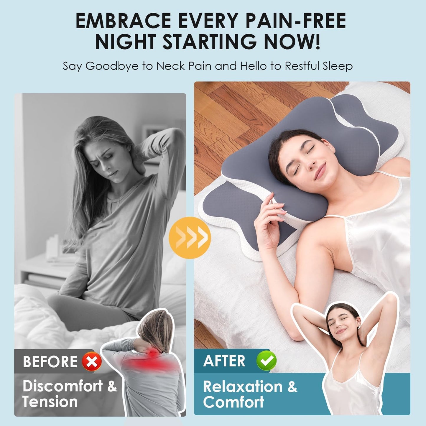 Cervical Neck Pillow for Sleeping - Memory Foam Contour Pillow for Neck Pain Relief, Ergonomic Support for Side and Back Sleepers, Orthopedic Pillow with Breathable Ice Silk Cover（Gray）
