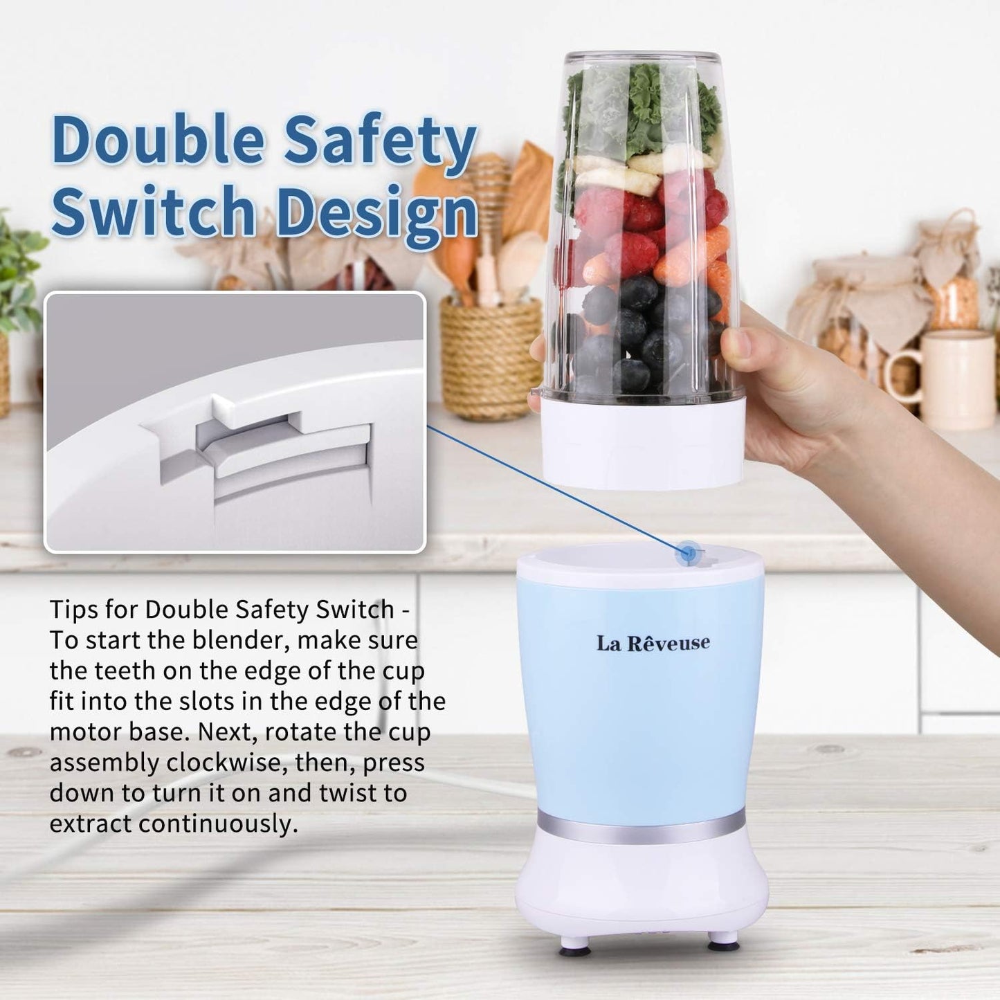 La Reveuse Personal Size Blender 250 Watts Power for Shakes Smoothies Seasonings Sauces with 1 Piece 15 oz Cup,1 Piece 10 oz Mug,BPA Free (Black)