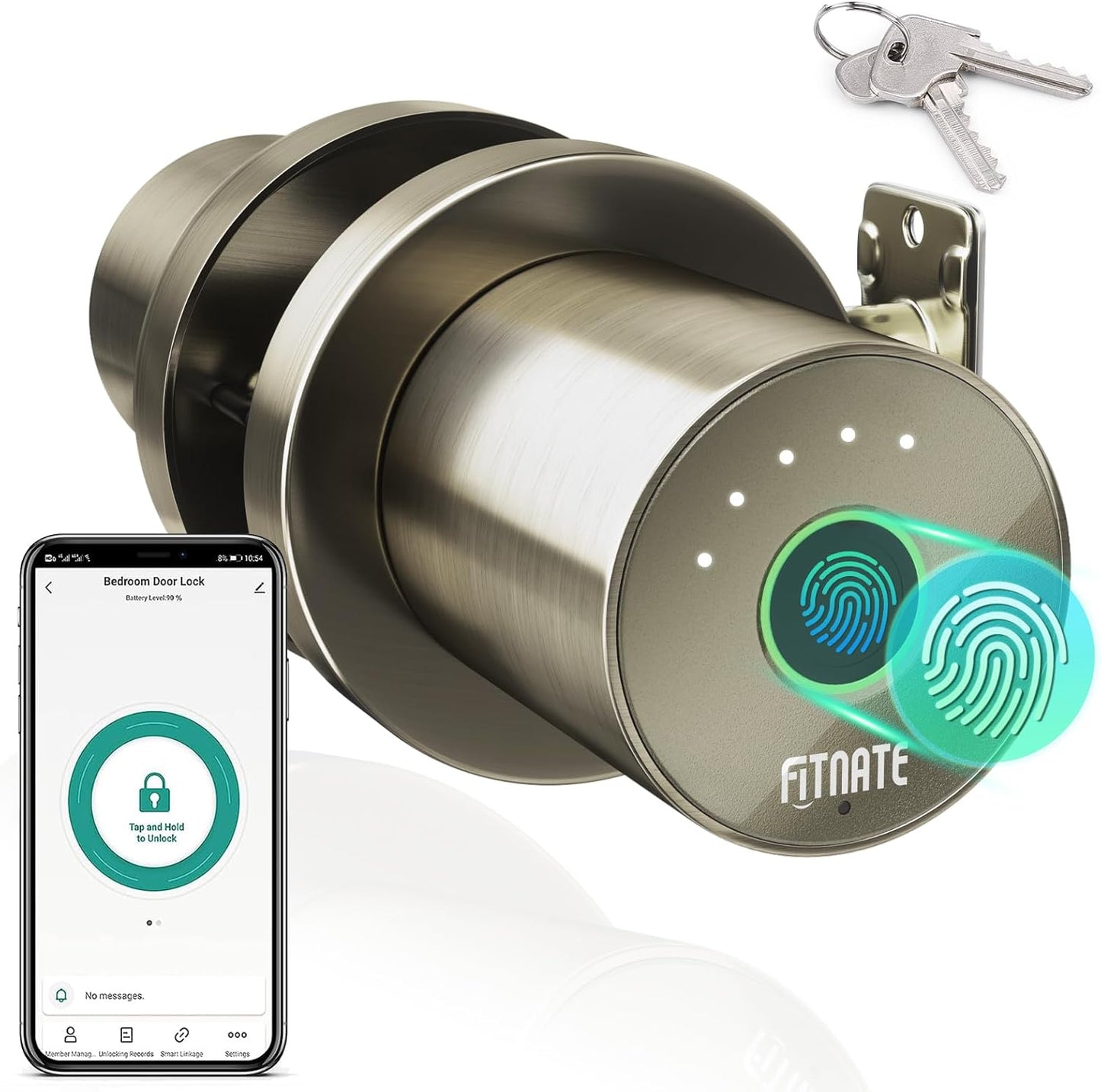 FITNATE Fingerprint Door Knob, Smart Biometric Door Lock with App Control, Keyless Entry Door Knob with Bluetooth Digital Code, Touch to Open Knob for Bedroom,Home,Hotel,Office, Black