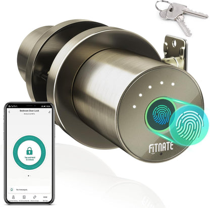 FITNATE Fingerprint Door Knob, Smart Biometric Door Lock with App Control, Keyless Entry Door Knob with Bluetooth Digital Code, Touch to Open Knob for Bedroom,Home,Hotel,Office, Black