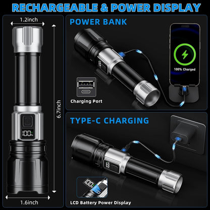 Flashlight Rechargeable 990000 High Lumens, Super Bright LED Flash Light with LCD Digital Display, Tactical Flashlights with IPX7 Waterproof, 6 Modes Brightest Flashlight for Camping, Emergency