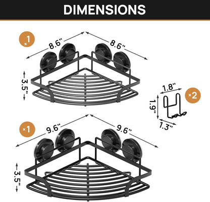 LEVERLOC Shower Caddy Suction Cup, 2 Pack Black Shower Shelf with Hooks and Soap Holder, NO-Drilling Bathroom Organizer, Rustproof Metal Bathroom Storage and Organization