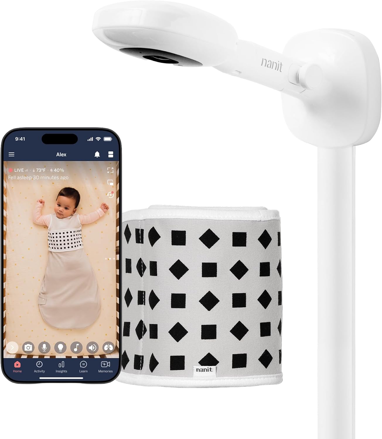 Pro Smart Baby Monitor | 1080p HD Wi-Fi Camera | Breathing Band | Sleep Tracking | 2-Way Audio | Floor Stand | White