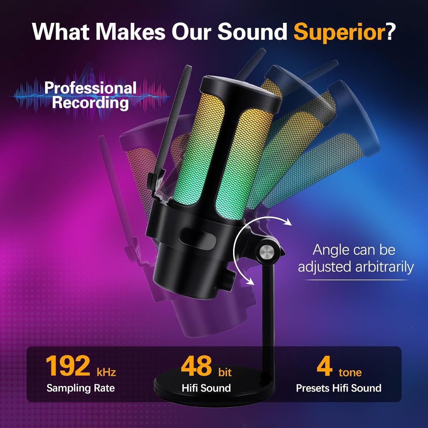 VCOM Gaming Microphone USB PC Mic for Streaming, Podcasts, Videos – Condenser Desktop Microphone with RGB Lights, Quick Mute, Shock Mount, Pop Filter, Volume Control – Compatible with PS4, PS5, and PC - PuriLite