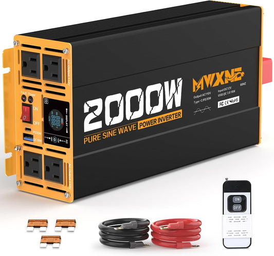 MWXNE 2000W Pure Sine Wave Inverter 12V DC to 110V 120V AC Car Converter for RV Truck Off-Grid Solar Power Inverter with 4 AC Outlets, USB/Type-C Fast Charging Ports, LCD Display, Remote Control