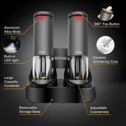 EIHO Electric Salt and Pepper Grinder Set USB Rechargeable, Upgraded External Adjustable Coarseness, Aluminum Alloy Automatic Salt and Pepper Shakers Mills with LED Light, House Warming Cooking Gifts