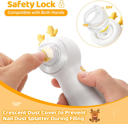 Baby Electric Nail File with Clipper, 5-in-1 Baby Nail Trimmer with LED Light, Rechargeable Nail Clippers for Infant Toddler Kid Adult, Low Noise, Includes 5 File Pads, Yellow Deer
