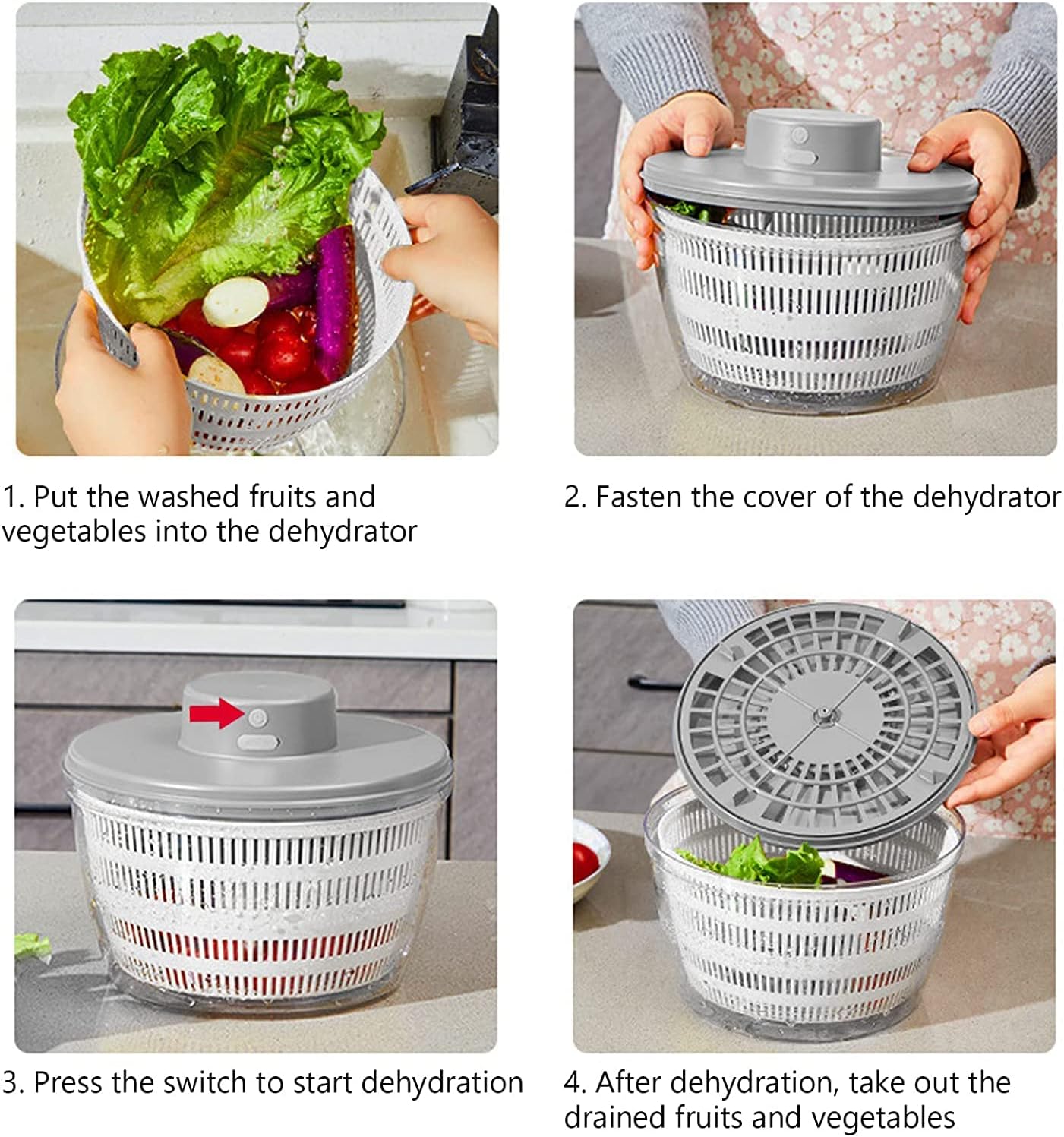 Electric Salad Spinner, 4L Wireless USB Salad Spinner Dehydrator for Fruit Vegetables, Large Capacity Salad Vegetable Dryer, Quick Drainage Electric Mixer White