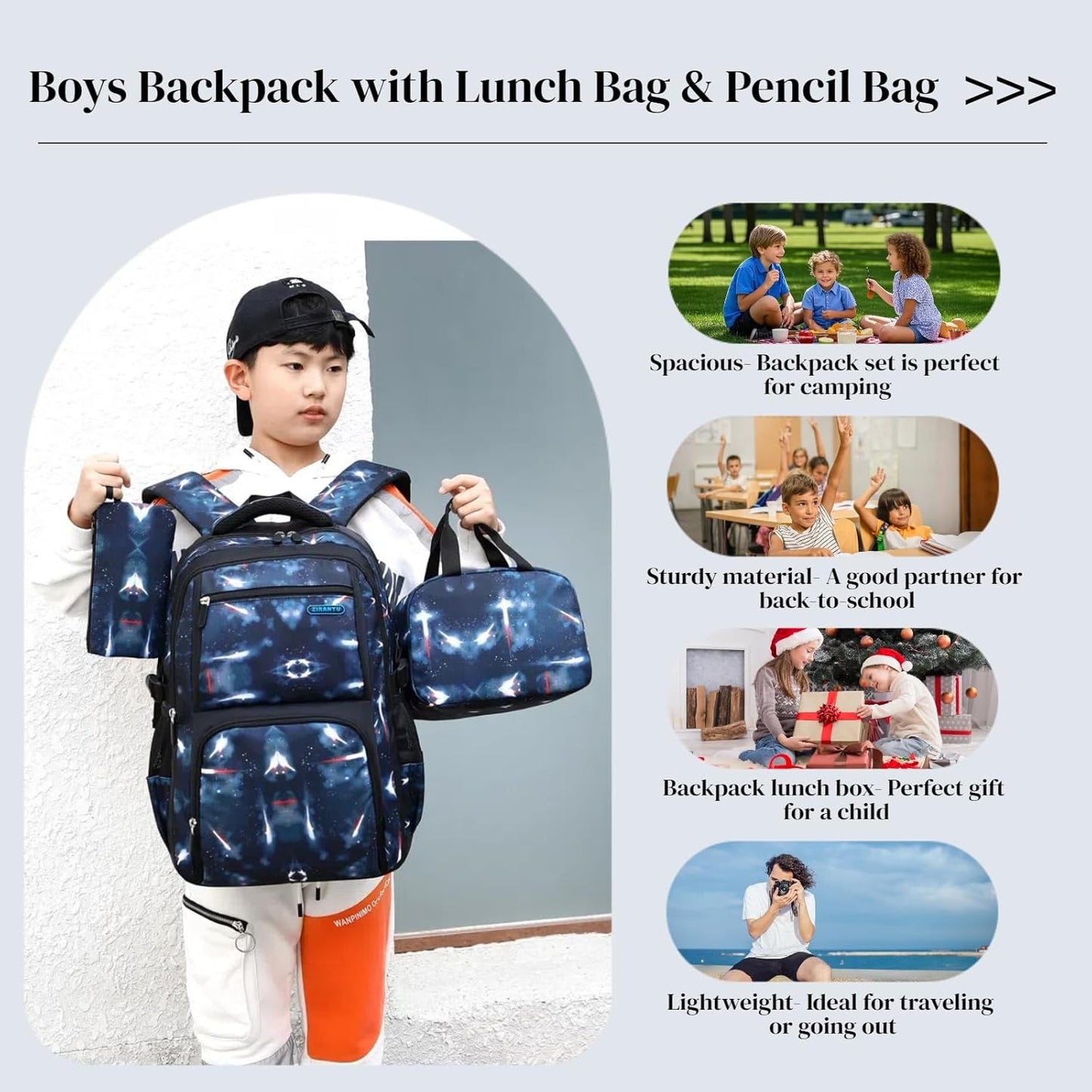 Boys Backpacks Primary Junior High School Bag Kids Bookbag with Lunch Bag 3 in 1 Casual Daypack Set Space Galaxy Durable Knapsack