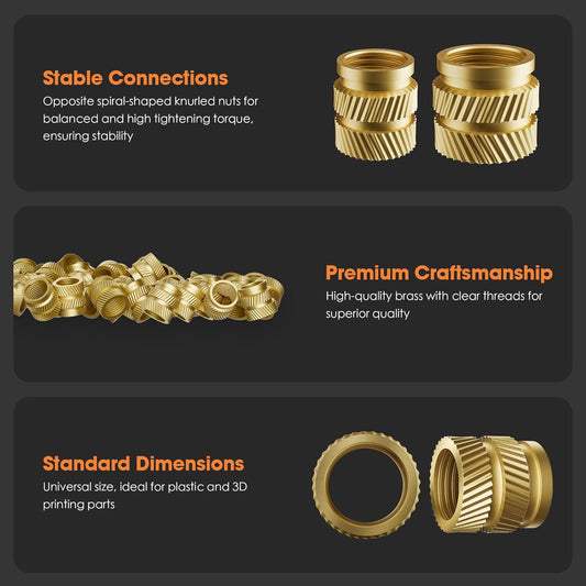 HANGLIFE Heat-Set Threaded Inserts, M3 Heat Set Insert for 3D Printing Components and Plastic Parts - Brass Metric Knurled Nuts (100 Pieces) - PuriLite