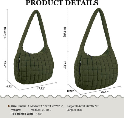 Quilted Puffer Tote Bag Large Crossbody Shoulder Bag with Zipper, Nylon Hobo Oversized Handbag