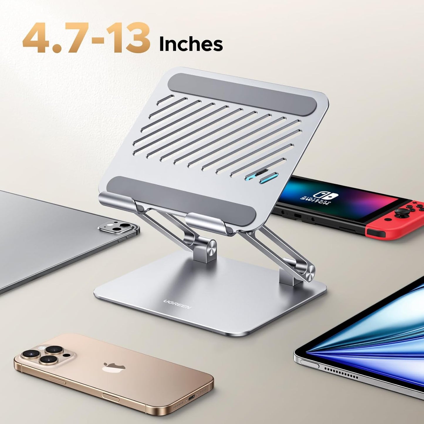 UGREEN Tablet Stand Holder for Desk, Aluminum Desktop Tablet Holder Dock Adjustable Foldable Riser Compatible with iPad Pro 12.9, 9.7, 10.5, iPad Air, iPad mini, Surface Pro, Galaxy Tab, Silver
