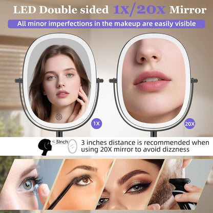 FUNTOUCH 5000mAh Rechargeable Wall Mounted Makeup Mirror, Double Sided Touch Switch 20X/1X Rectangle Wall Mounted Magnifying Mirror with Light, 3 Color Setting, Extended Arm 360°Swivel Foldable,Black