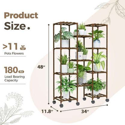 Bamworld Plant Stand Indoor Outdoor Hanging Plant Shelf for Multiple Plants Pots Wood Flower Stand Tall Large Flower Holder for Living Room, Patio, Balcony, Garden Decor, Brown