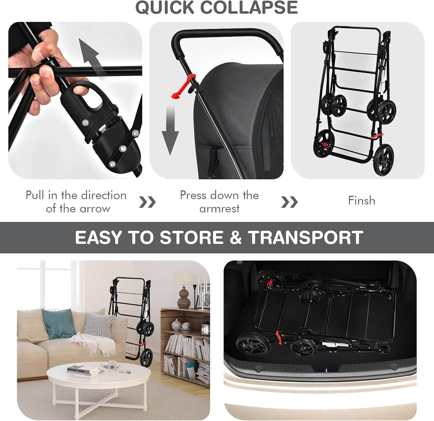 Giantex Double Pet Carrier with 2 Detachable Bags, Safety Belt, 4 Lockable Wheels, Cat & Dog Stroller, Folding Travel Carrier for Small & Medium Pets (Black)
