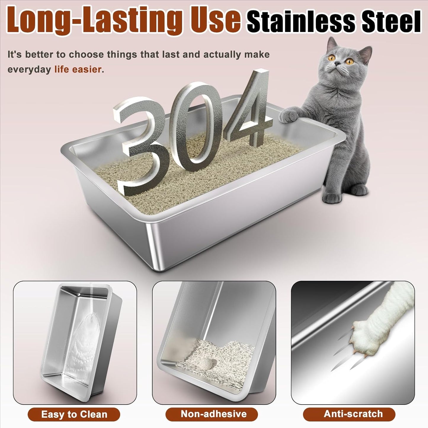 Stainless Steel Cat Litter Box with Lid, 180° Flip Top XL Enclosed Litter Box with Trapping Mat & Metal Scoop, Front Top Dual Entry Steel Extra Large Cat Litter Pan (Grey, X-Large)