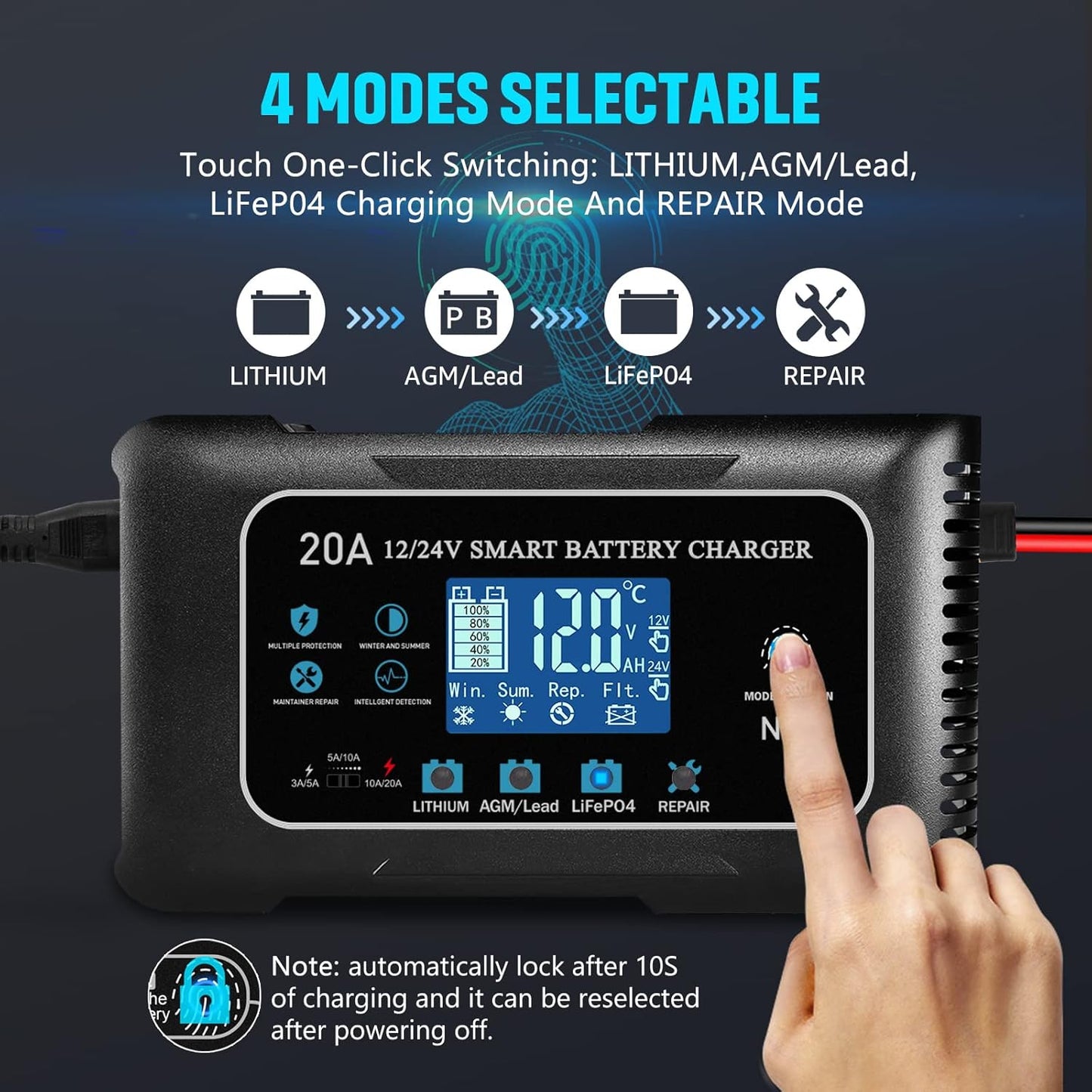 Lithium Lifepo4 Battery Charger,12V 24V Fully Automatic Car Battery Charger, 12 Volt-20A, 24 Volt-10A Trickle Charger maintainer, AGM Deep Cycle Battery Charger