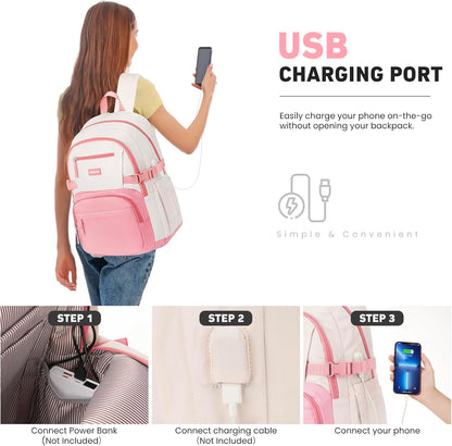 WINDARS Backpack for School Girls, Cute High School Backpacks for Teens Women Student Large Bookbag 15.6 Inch Laptop Bag with USB Charger Port for College Work Travel Trip (Beige Khaki)