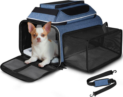 Petskd Top and Side Expandable Pet Carrier 17x12x8.5 Inches JetBlue Frontier Spirit Airline Approved, Soft-Sided Carrier for Small Cats and Dogs with Locking Safety Zipper and Anti-Scratch Mesh(Black)