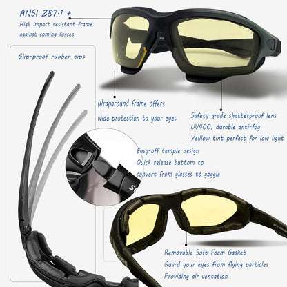Powersports Glasses Safety Motorcycle Goggle, Anti-fog, Z87 Wrap around, Hunting, Riding, Mowing, Fit Men and Women