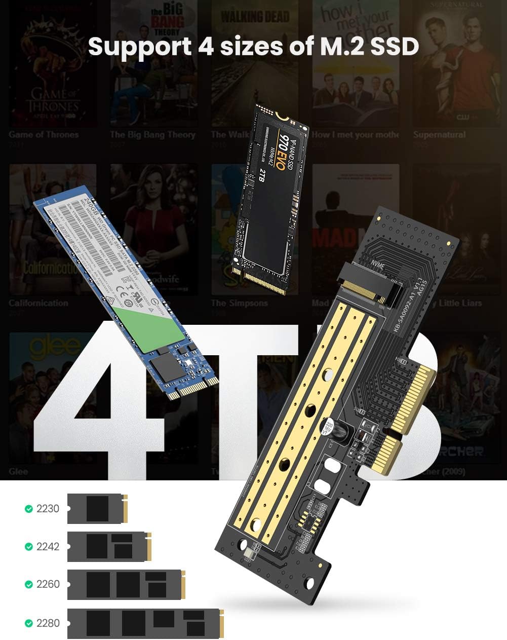 UGREEN M.2 NVME PCIe 3.0 X4 X8 X16 Adapter Card, Support M Key and B+M Key SSD 2280 2260 2242 2230 Size, Include Install Tool, Not for SATA SSD