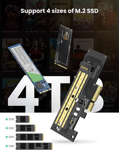 UGREEN M.2 NVME PCIe 3.0 X4 X8 X16 Adapter Card, Support M Key and B+M Key SSD 2280 2260 2242 2230 Size, Include Install Tool, Not for SATA SSD