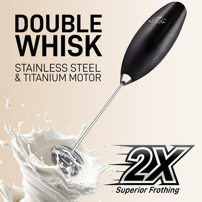 Zulay Kitchen Powerful Double Whisk Milk Frother Handheld - Foam Maker with Stand - Whisk Drink Mixer for Coffee, Mini Foamer for Latte, Matcha, Frappe, Hot Chocolate & Cappuccino (Black)
